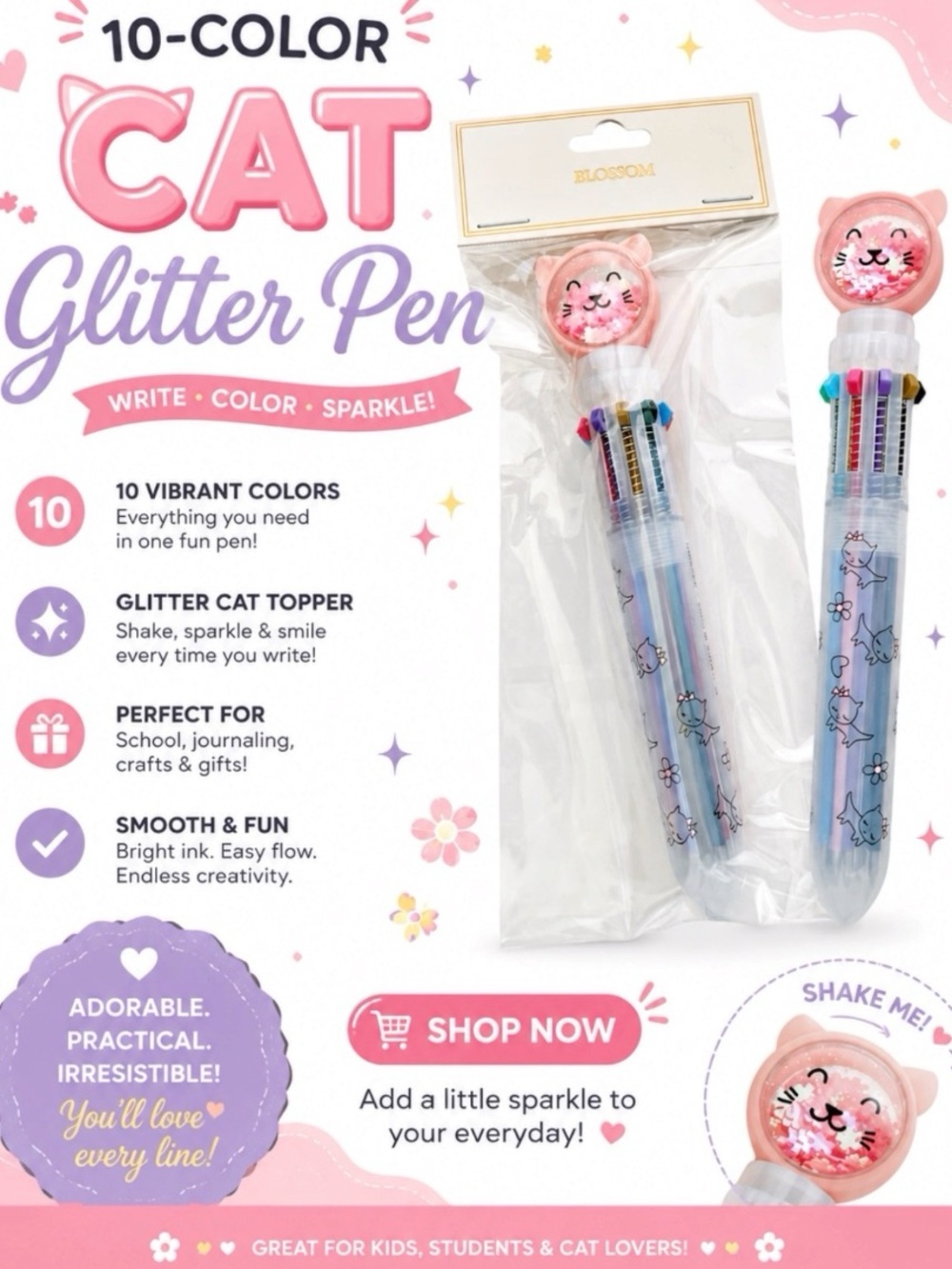 2 CUTE KAWAII CAT 10 COLOR INK PENS